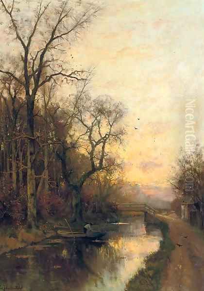 On the canal at sunset Oil Painting by Fredericus Jacobus Van Rossum Chattel