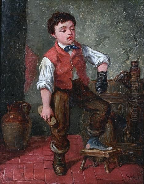 Young Boy Polishing Shoes Oil Painting by Charles, Hunt Jnr.