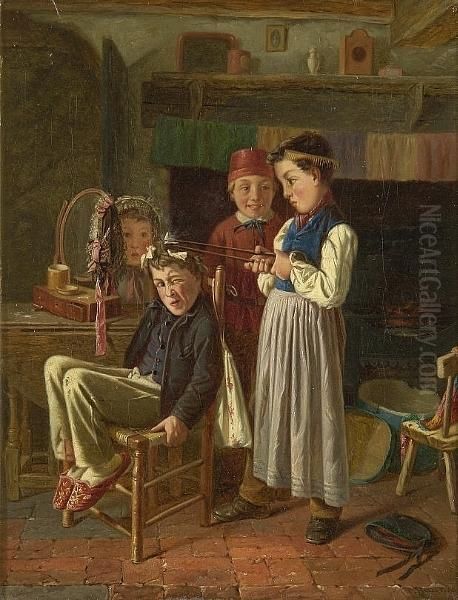 The Budding Coiffeur Oil Painting by Charles, Hunt Jnr.