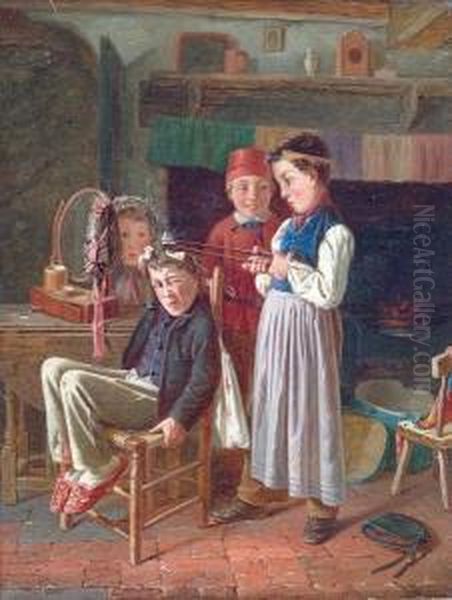 The Budding Coiffeur Oil Painting by Charles, Hunt Jnr.