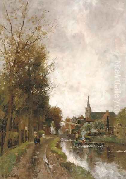 Houses along a river Oil Painting by Fredericus Jacobus Van Rossum Chattel