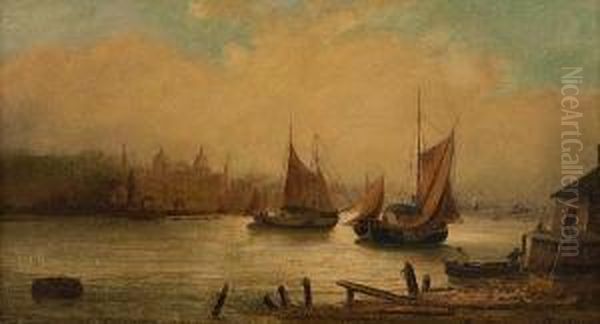 Barges On The Thames Oil Painting by Millson Hunt