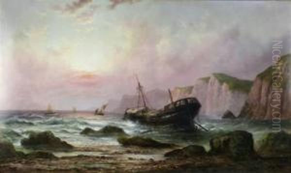 Ship Breaking Up On The Shore, Fishing Boats Beyond Oil Painting by Millson Hunt