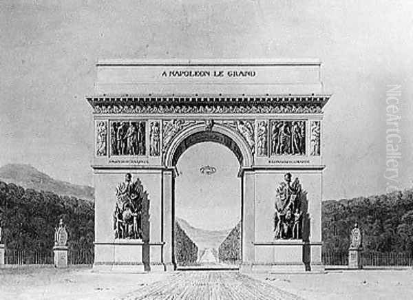 Design for the Arc de Triomphe with a wooded background Oil Painting by Circle of Chalgrin, Jean Francois Therese