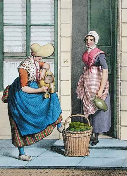 A woman selling milk and vegetables, illustration from 'Collections des Costumes des Provinces Septentrionales du Royaume des Pays Bas...', 1828 Oil Painting by Johannes Franciscus Christ