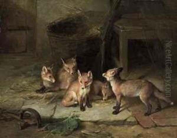 Fox Cubs Oil Painting by Walter Hunt