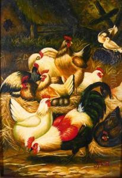 Barnyard Scene With Rooster And Chickens Oil Painting by Walter Hunt