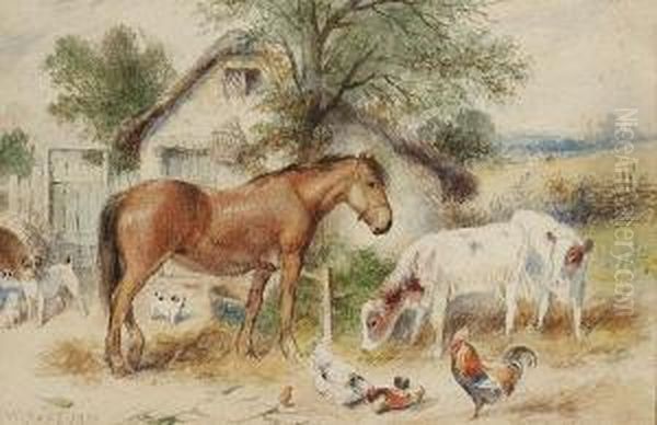 A Farmyard Scene Oil Painting by Walter Hunt