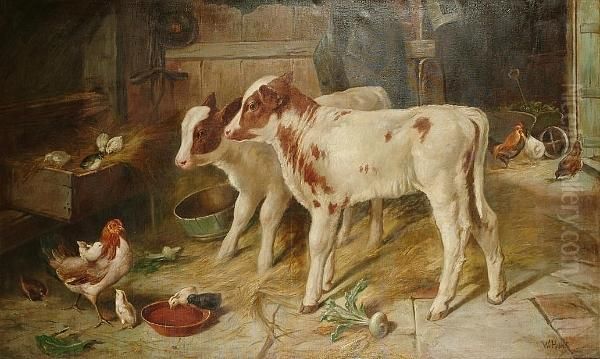 Calves And Poultry In A Stable Oil Painting by Walter Hunt