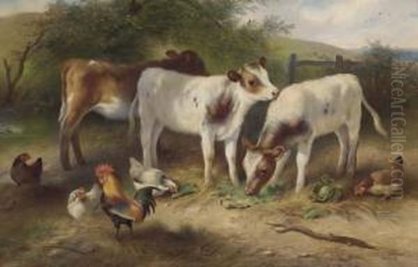 Calves, Chickens And A Cockerel Oil Painting by Walter Hunt