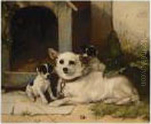 Mother And Puppies Resting Oil Painting by Walter Hunt