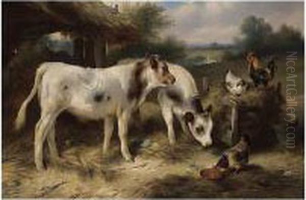 Calves And Hens Feeding Oil Painting by Walter Hunt