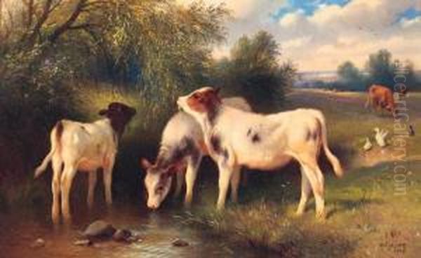 Calves Watering At A Stream Oil Painting by Walter Hunt