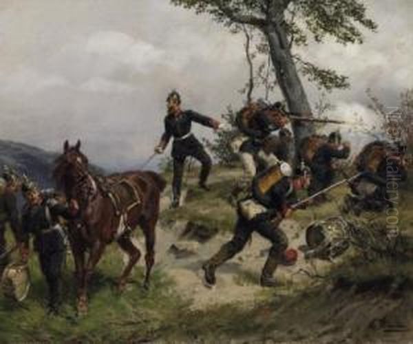 Soldiers In Battle On A Hillside. Signed Bottom Right: E. Hunten Oil Painting by Emil Hunten