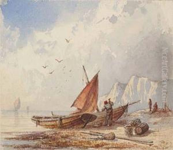 Fishing Boats On The Shore Near The White Cliffs Ofrugen Oil Painting by Franz Johann (Wilhelm) Hunten