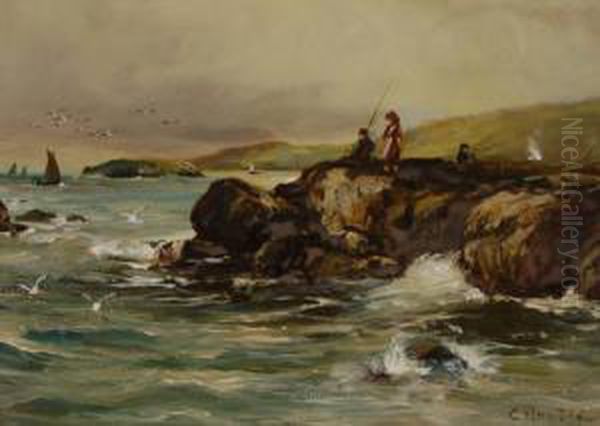 Figures Fishing From Therocks On The Coast Oil Painting by Colin Hunter