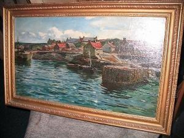 A Fishing Harbour Oil Painting by Colin Hunter