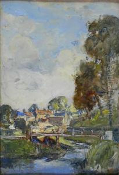 A Passing Bridge With Cream Houses Oil Painting by Mason Hunter