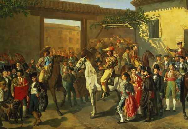 Horses in a Courtyard by the Bullring before the Bullfight, Madrid, 1853 Oil Painting by Manuel Castellano