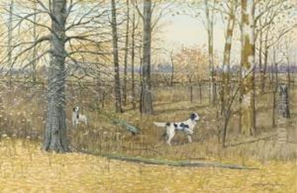 English Setters In A Wood Oil Painting by Dwight W. Huntington