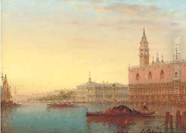 Gondolas before the Doge's Palace, Venice Oil Painting by Charles Clement Calderon