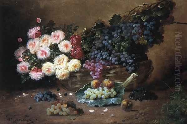 Still Life with Roses and Grapes Oil Painting by Max Carlier