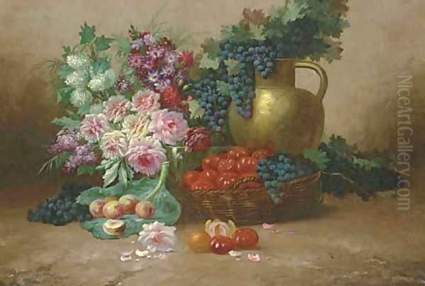 Still Life with Flowers, Fruits, Vegetables and a Copper Jug Oil Painting by Max Carlier