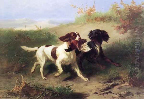 Two Spaniels in a Landscape Oil Painting by Conradyn Cunaeus