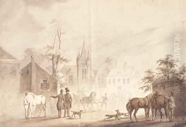 Horsemen by a village square, a church beyond Oil Painting by Conradyn Cunaeus