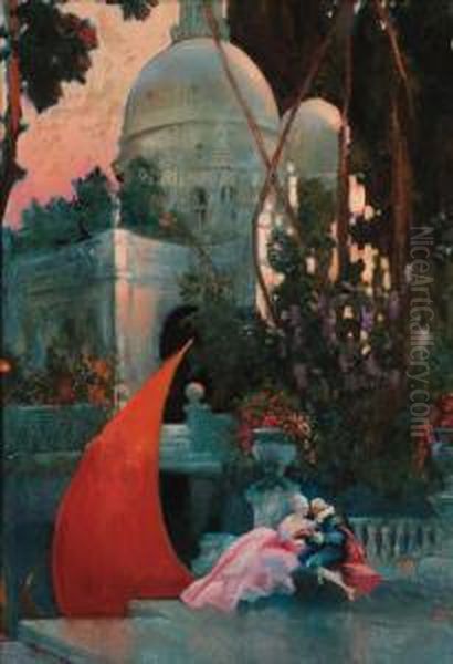 A Courting Couple In A Garden, The S. Maria Della Salutebeyond Oil Painting by Hal Hurst