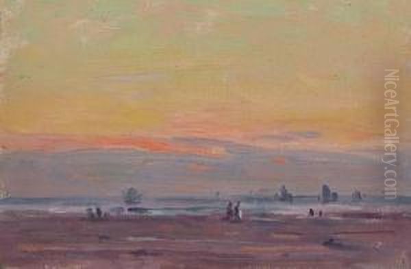 A Summer Landscape-sunset Along The Coast Oil Painting by Frank Townsend Hutchens