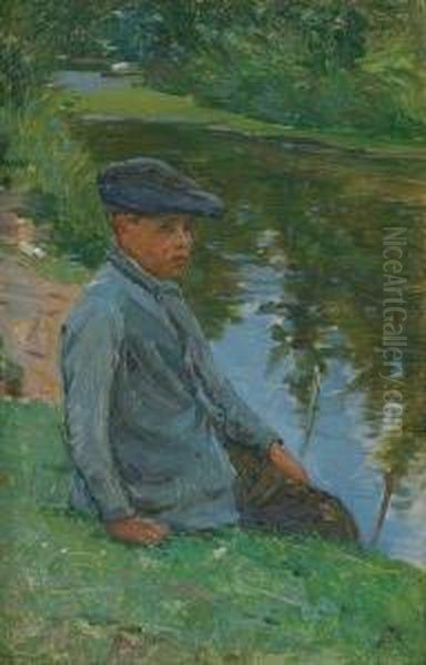 Young Boy On Riverbank Oil Painting by Frank Townsend Hutchens