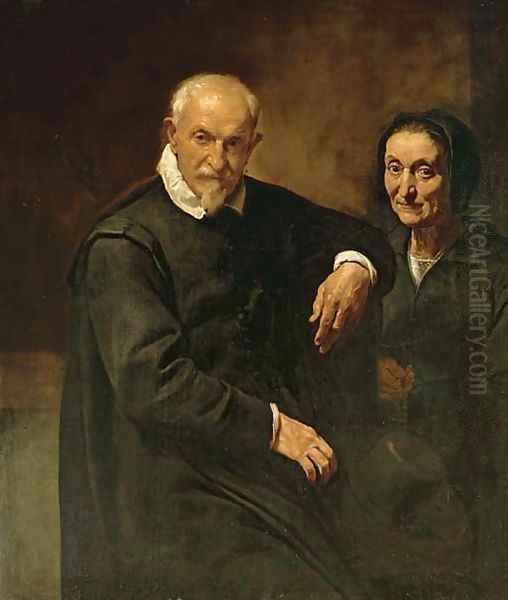 Portrait of a seated gentleman and a lady holding a rosary Oil Painting by Simone Cantarini (Pesarese)