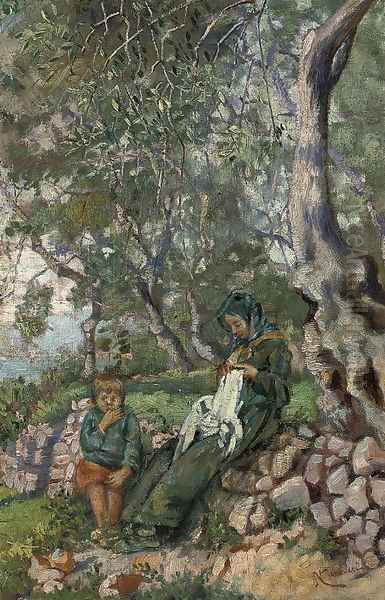 A mother and son by an olive grove before the sea Oil Painting by Nicolo Cannicci