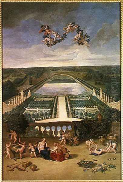 View of the Orangerie at Versailles, from the Piece d'Eau des Suisses and the King's Vegetable Garden with Vertumnus and Pomona, 1688 Oil Painting by Jean II Cotelle