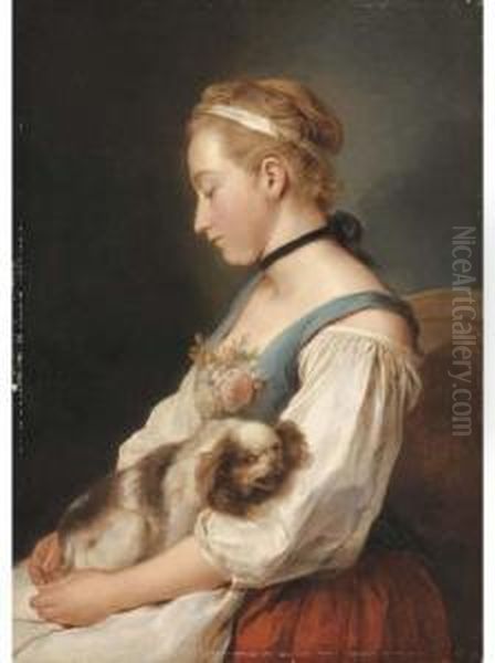 Portrait Of A Young Woman, Half-length, Holding A Spaniel Oil Painting by Charles-Francois Hutin