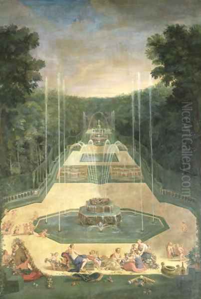 The Groves of Versailles. View of the Three Fountains with Venus and Cherubs Practising with Bows and Arrows, 1688 Oil Painting by Jean II Cotelle