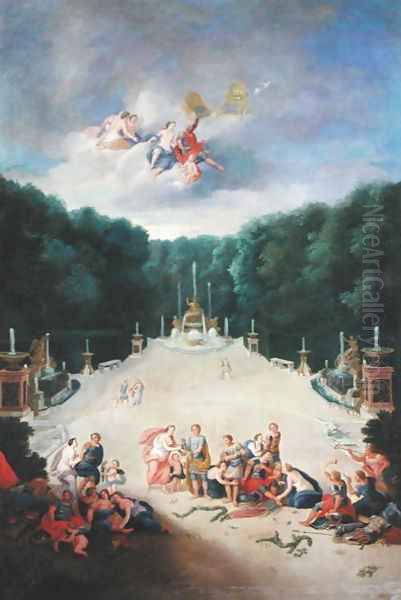 The Groves of Versailles. View of the Arc de Triomphe and France Triumphant with Nymphs Chaining Captives before Venus and Mars, 1688 Oil Painting by Jean II Cotelle