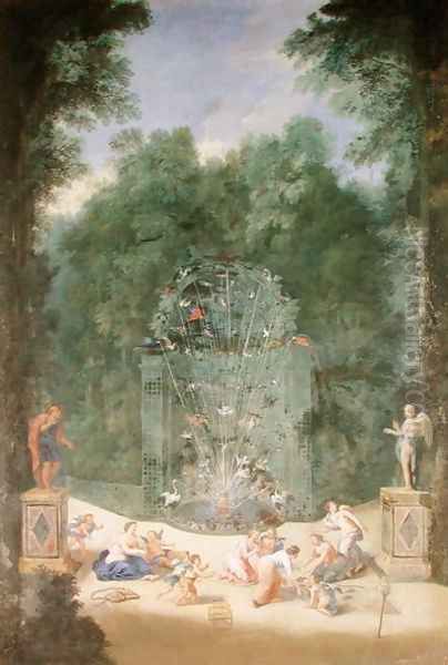 The Groves of Versailles View of the Entrance to the Maze with Birds, Nymphs and Cherubs, 1688 Oil Painting by Jean II Cotelle