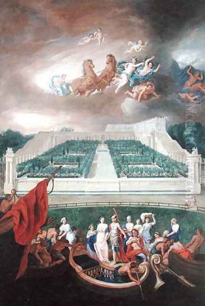 View of the Orangerie and the Chateau de Versailles with the Abduction of Helen, 1688 Oil Painting by Jean II Cotelle