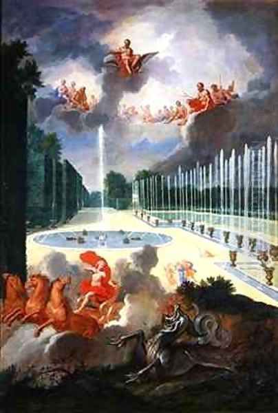 The Groves of Versailles View of the Dragon Pool and the Pool of Neptune with Apollo slaying Python Oil Painting by Jean II Cotelle