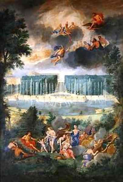 The Groves of Versailles View of the pool of Neptune and walkway with the Judgement of Paris Oil Painting by Jean II Cotelle