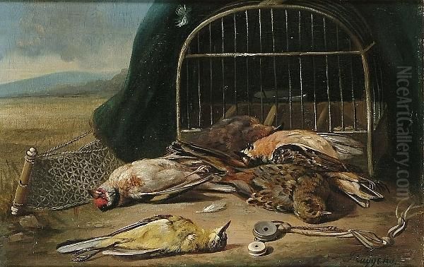 Still Life With Goldfinch, Brambling, Yellowhammer And Grey Wagtail Oil Painting by Francois-Joseph Huygens