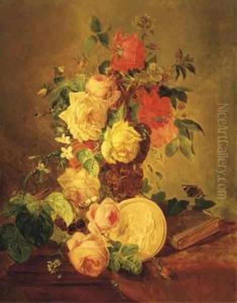 Butterflies By A Mixed Bouquet With Roses Oil Painting by Francois-Joseph Huygens