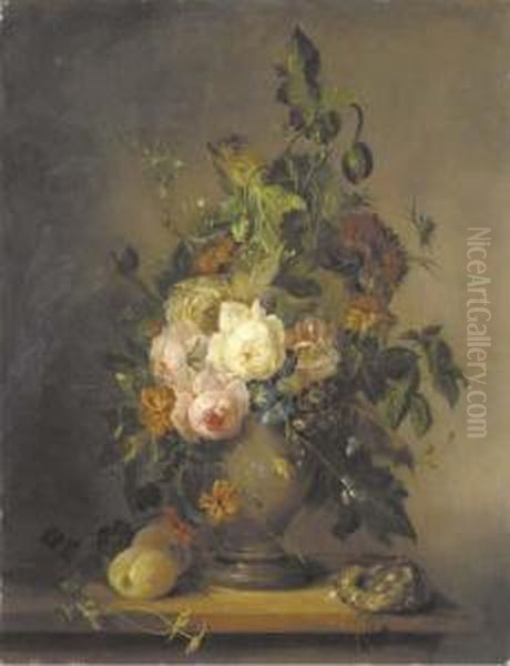 Roses, Tulips And Other Flowers In A Vase With Plums And A Bird'snest On A Wooden Ledge Oil Painting by Francois-Joseph Huygens