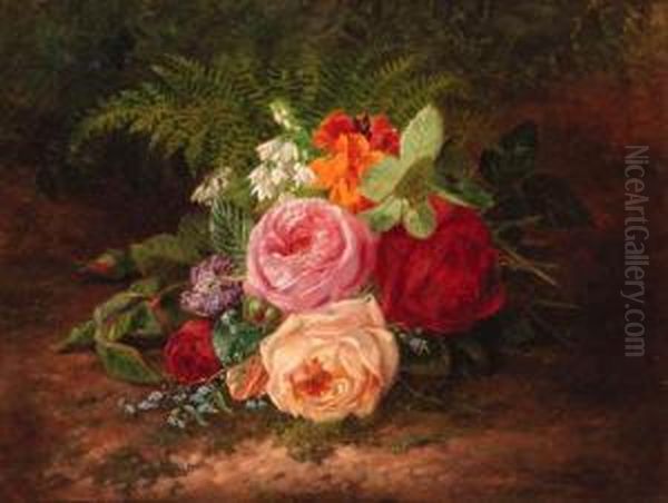 A Flower Still Life With Roses, Forget-me-nots And Indiancress Oil Painting by Francois-Joseph Huygens