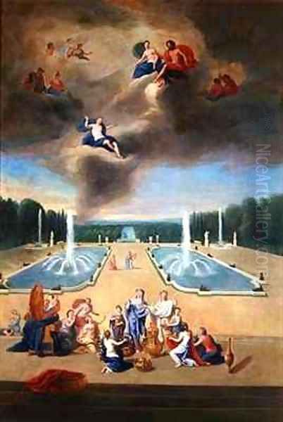 Groves of Versailles View of the water parterre and the cabinets of animals with priestesses preparing a sacrifice for Venus Oil Painting by Jean II Cotelle