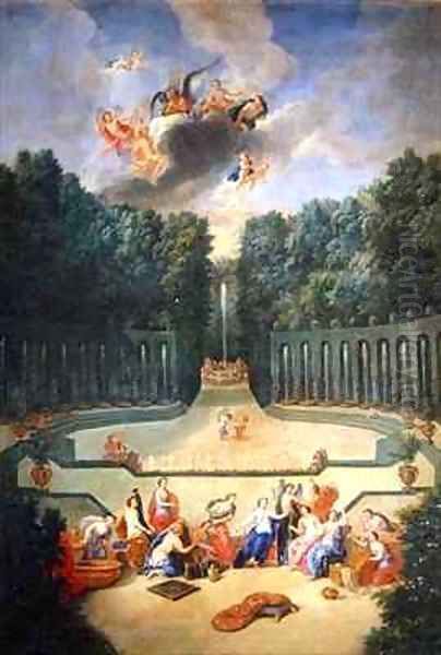 The Groves of Versailles View of the Amphitheatre and the Water theatre with Venus surrounded by the hours in the presence of Uranus Oil Painting by Jean II Cotelle