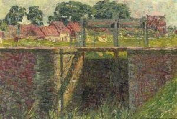 Petite Ecluse: A Lock With A Village Beyond Oil Painting by Modest Huys