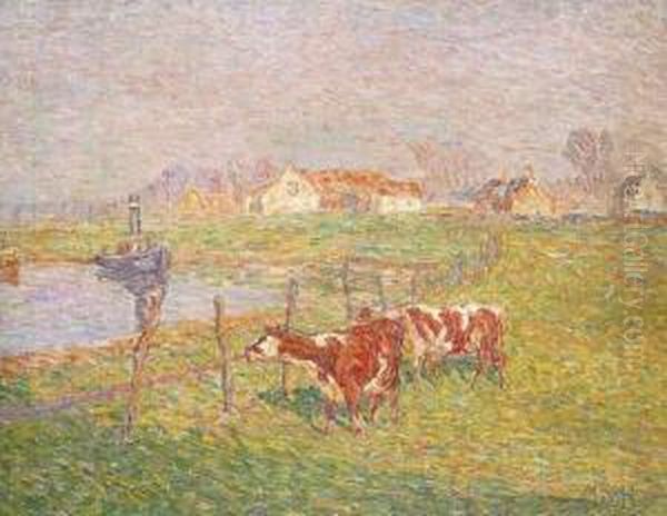 Koeien Langs De Leie (ca.1914-1918) Oil Painting by Modest Huys